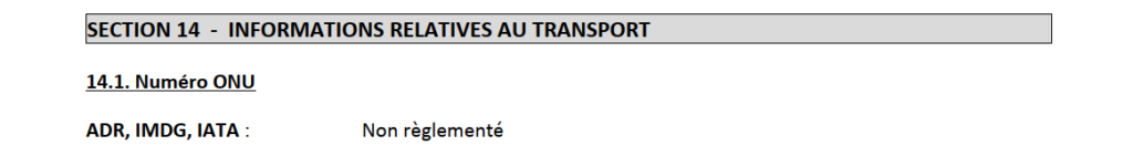 Rubrique 14 d'une fiche de données de sécurité pour un produit non soumis à la réglementation ADR