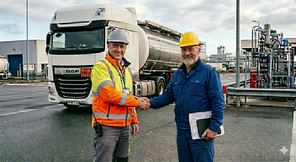 Poignée de main professionnelle validant un audit de sécurité par un CSTMD dans une usine chimique devant un camion citerne